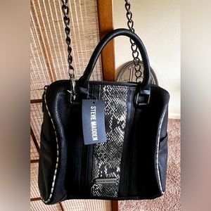 Steve Madden black snakeskin band leather satchel nwt